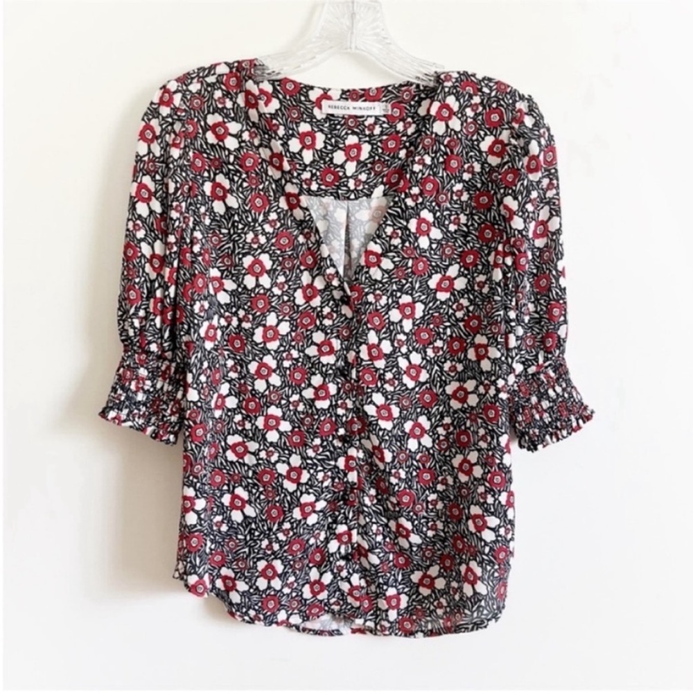 Rebecca Minkoff shirt red black floral puff sleeves button front